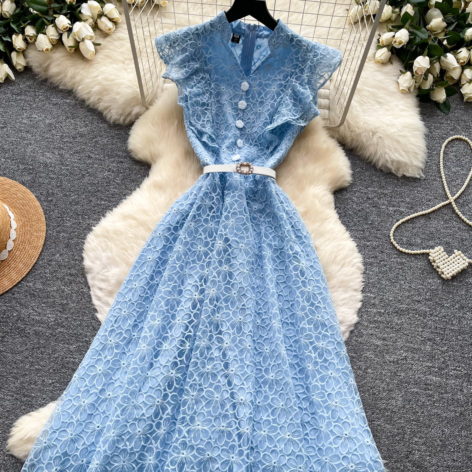 Elegant Lace A-Line Sundress For Women, High Waist Sleeveless Summer Maxi Dress_ecoleips.com