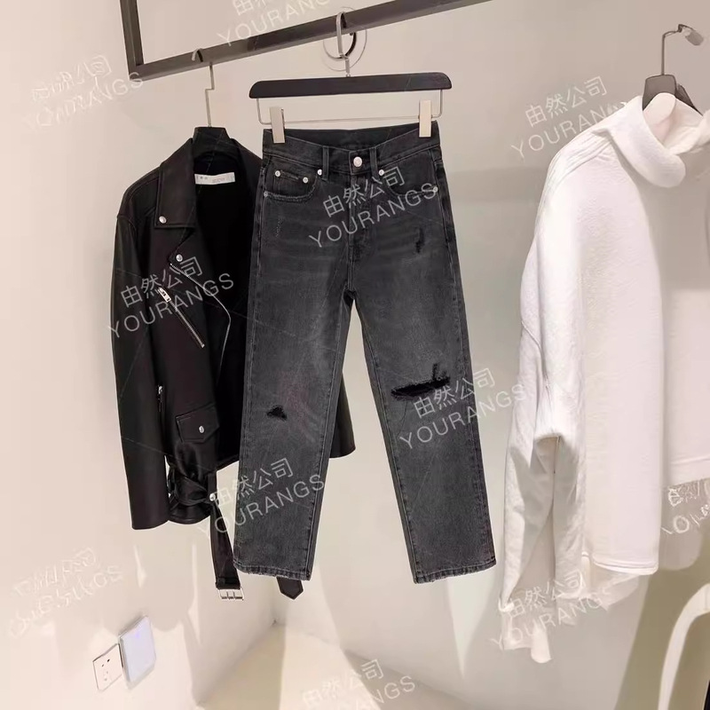 【Clearance 90】Ag Velvet Gray 13 oz Turkish Distressed Loose Straight High-Waisted Slimming Jeans