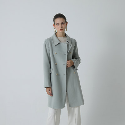 现货 2022年冬季新品韩版纯色双排扣宽松翻领双面羊毛大衣女外套