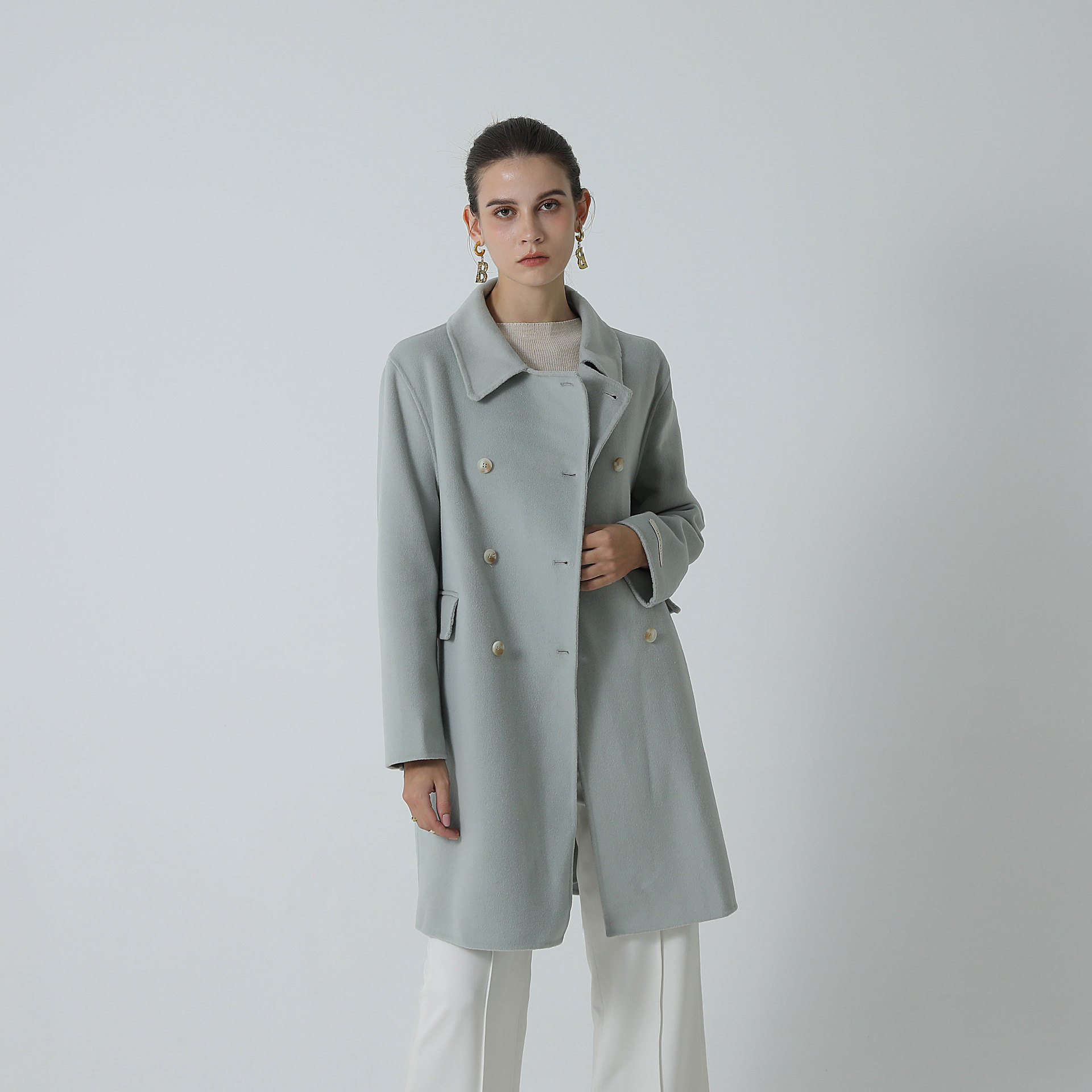 现货 2022年冬季新品韩版纯色双排扣宽松翻领双面羊毛大衣女外套