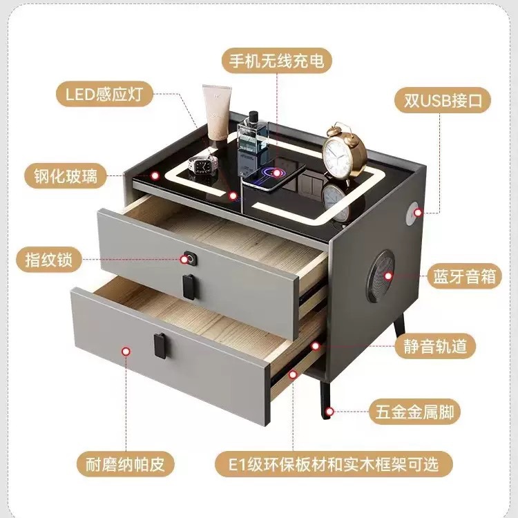 Mesa de cabecera inteligente transfronteriza moderna y simple carga inalámbrica con audio LED multifuncional gabinete de cabecera de dormitorio residencial