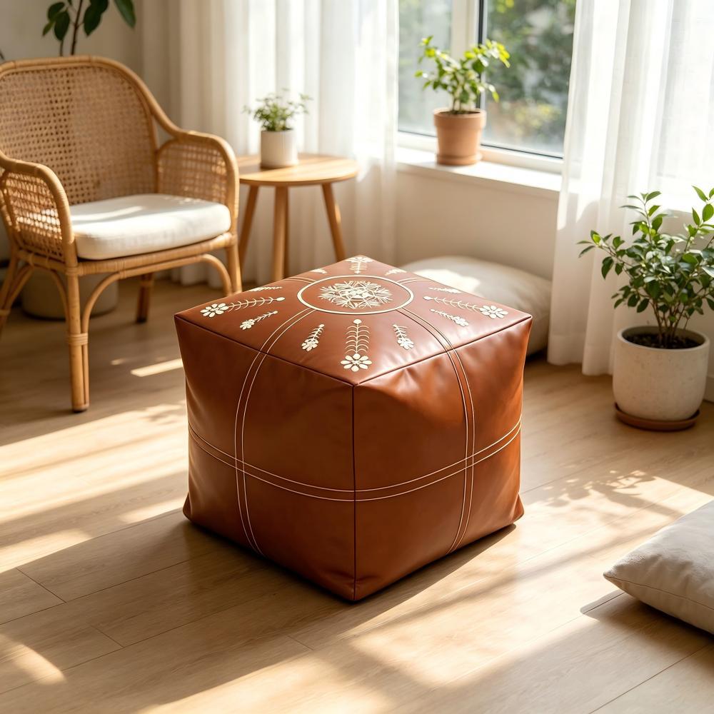 Vintage floral embroidered square leather ottoman filled with old clothes, simple storage bench for living room bay window, leisure shoe-changing stool