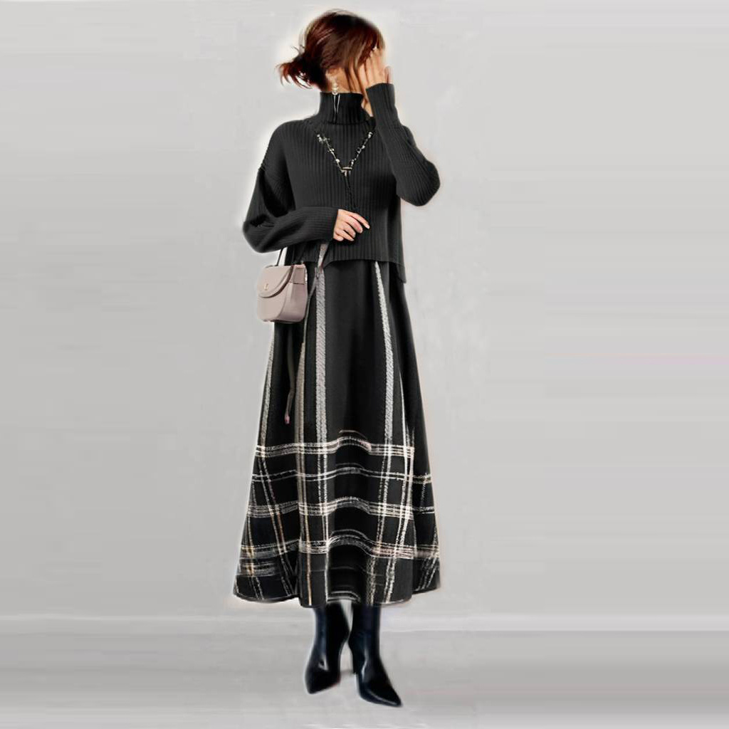 现货日系2024秋冬新款高级感高领针织上衣+条纹呢子半身裙两件套