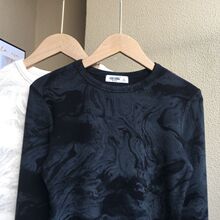 欧货秋季新款时尚圆领水墨画扎染黑色长袖T恤女修身内搭打底上衣