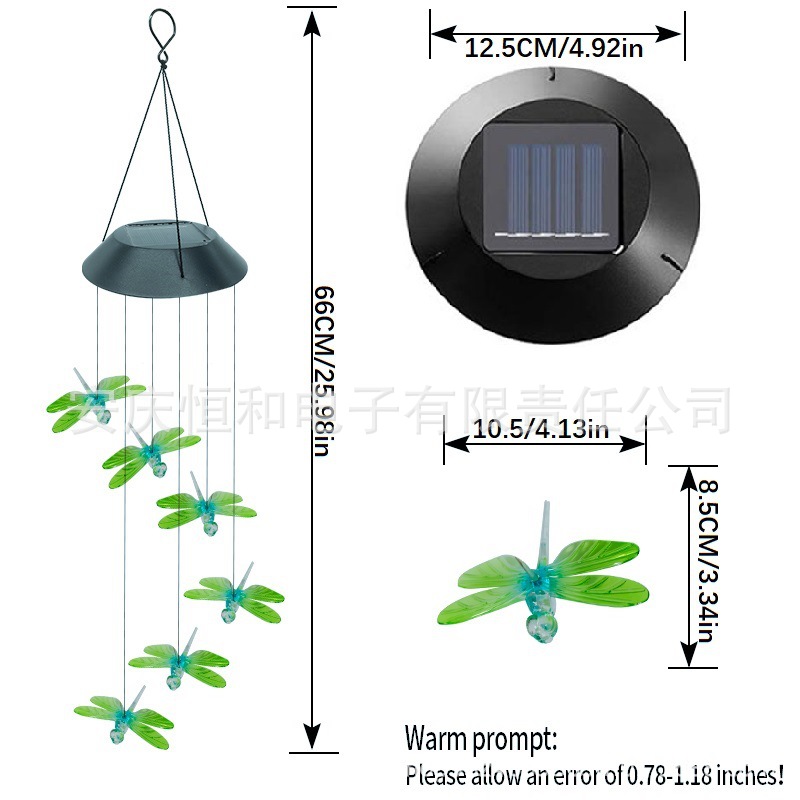 Fábrica al por mayor al aire libre solar colorido LED libélula viento carillón luz solar lámpara transfronteriza regalo cadena Luz