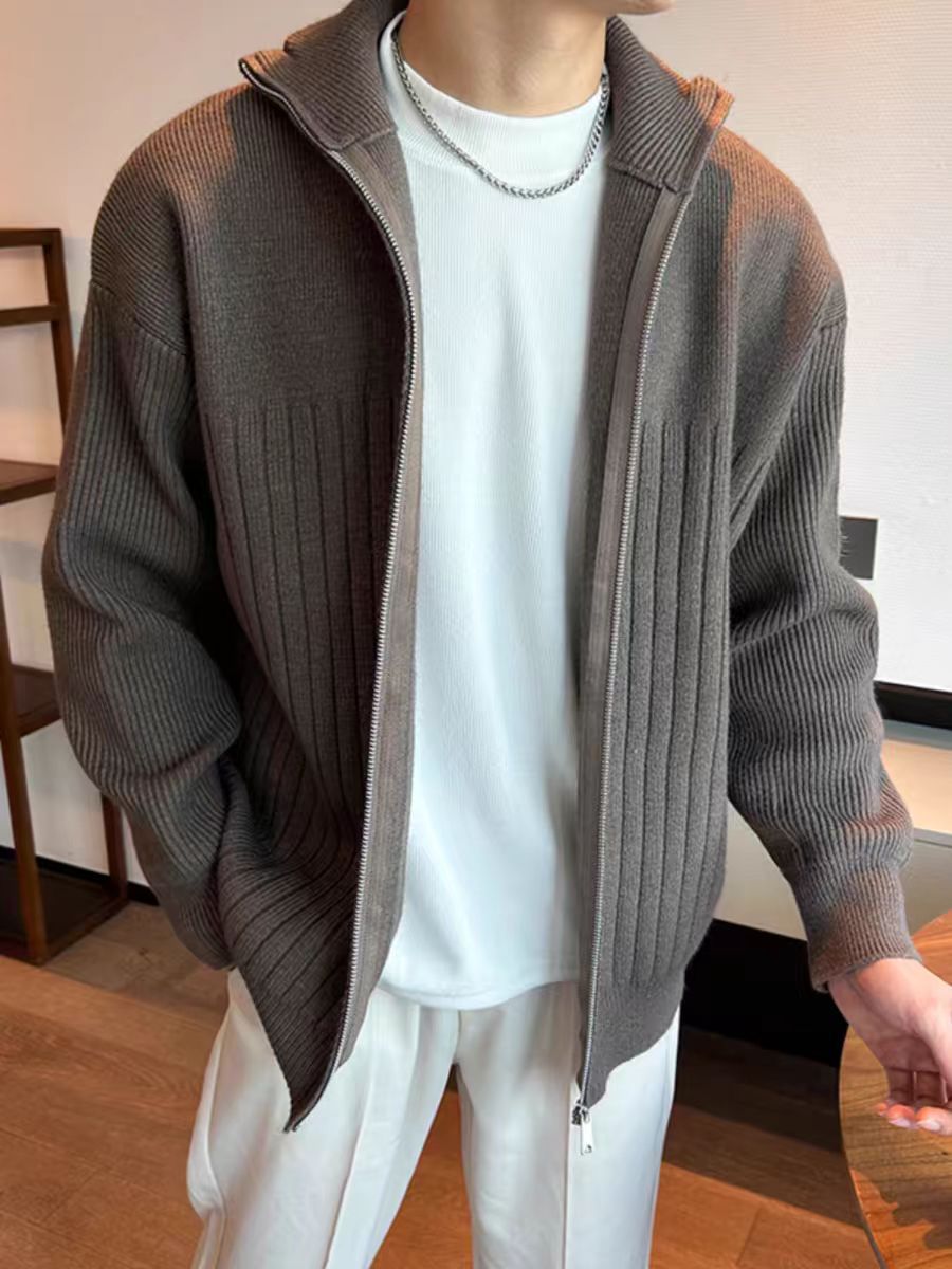 Color sólido retro holga camisa de punto suéter de cuello alto de hombre con cremallera de cuello de moda cardigan chaqueta de alta calidad simple