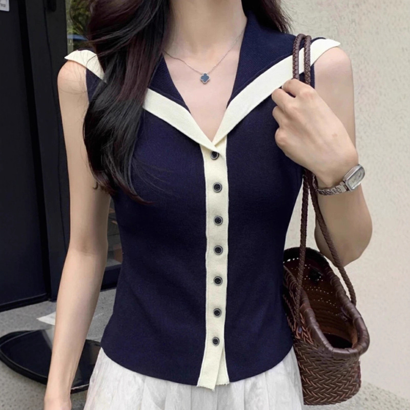Trendy Navy Collar Niche Knit Vest for Women, Summer New Style, Elegant Slim-Fit Versatile Sleeveless Top Ins