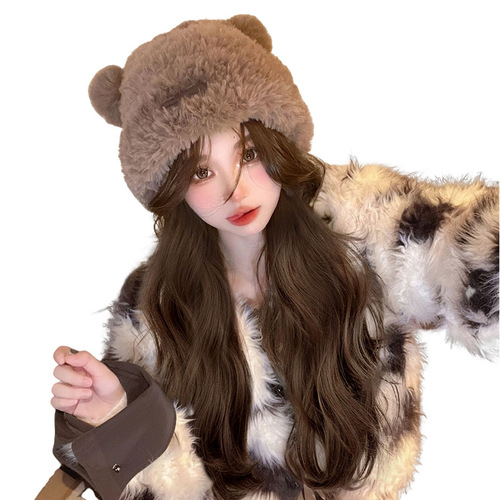 Hat and wig integrated new style internet celebrity bear hat simulated hair wig for women with long hair full headgear for women with real hair