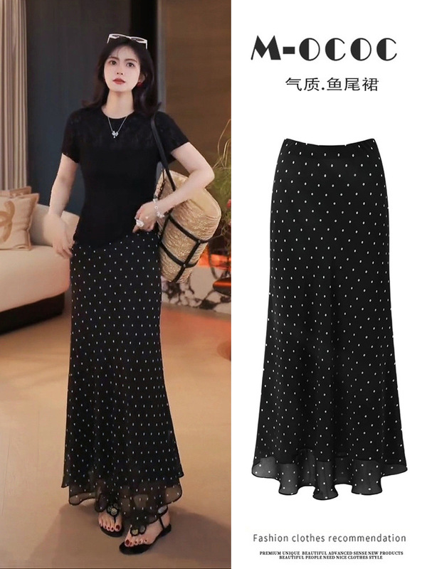 Polka Dot Fishtail Skirt Women's Skirt 2025 Summer New Mid-Length Retro Hong Kong Style Hip-Covering High-Waisted Chiffon Long Skirt
