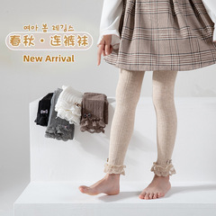 兒童打底褲春秋薄款精梳棉外穿中大童打底襪女童白色花邊九分褲子