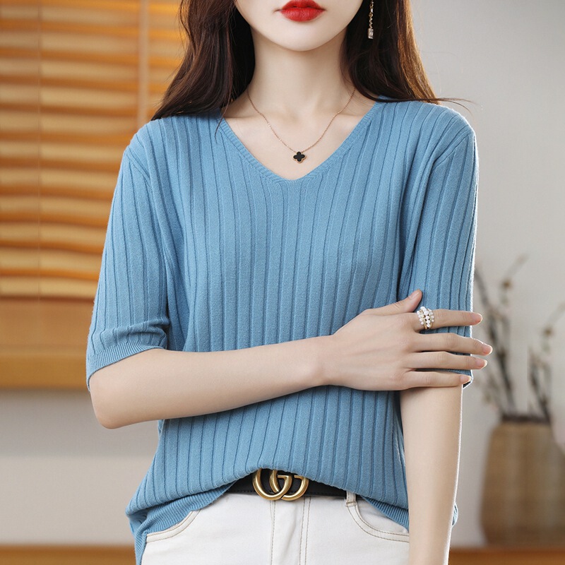 2022 New All-match Seven-point Sleeve Short-sleeved T-shirt Slim-fit Stripped Women's Sweater Skinny Base Wear