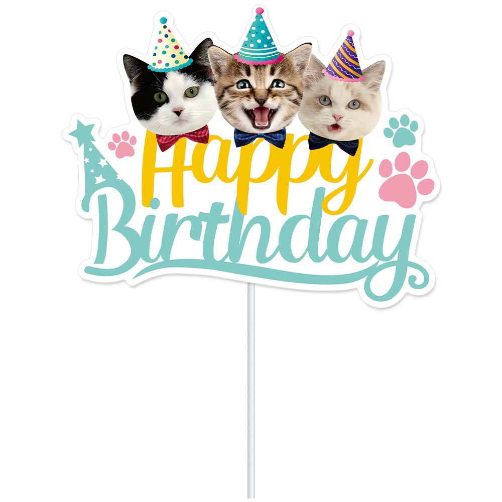 Nueva mascota gato tema cumpleaños fiesta decoración suministros dibujos animados gato cumpleaños bandera pastel Tarjeta de inserción