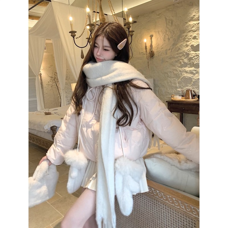 蕾丝拼接棉服外套女2025年新款冬季韩系感粉色蝴蝶结系带棉衣|undefined