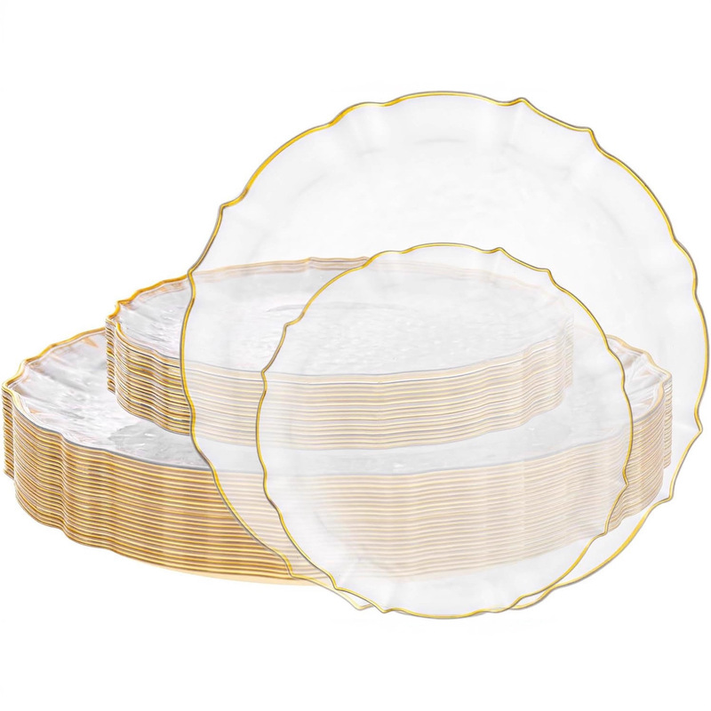 Clear Gold Plastic Plates - Fancy Lace Edge Clear Plates with Gold Trim Hammered Disposable Dinner Plates