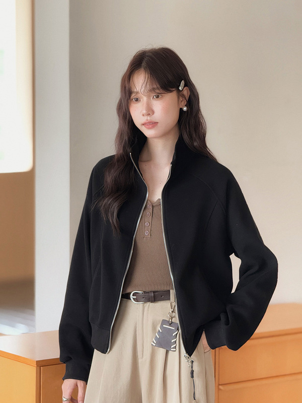 【登机私服】歌铭纯色简约立领双拉链卫衣女秋季新款短外套W564C|undefined