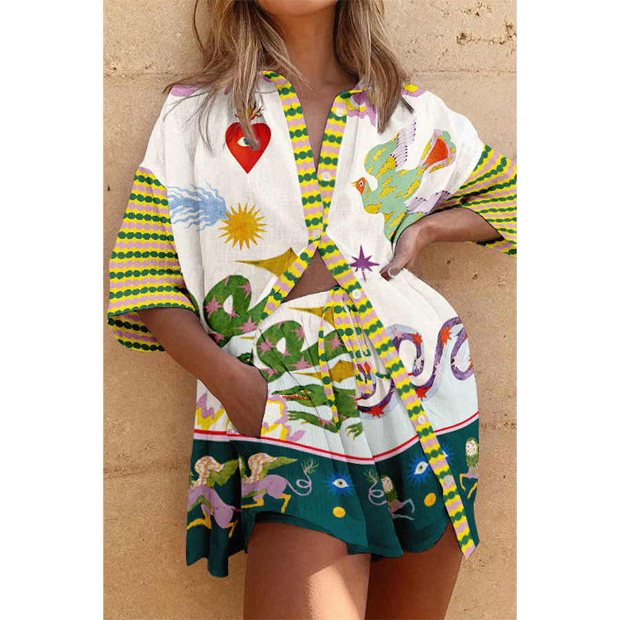 Printing, Animal Pattern Summer Season Women's Gender Button Design Casual Style Daily Women's Casual Printing Animal Polyester Button Shorts Co-ord Set Shorts Sets