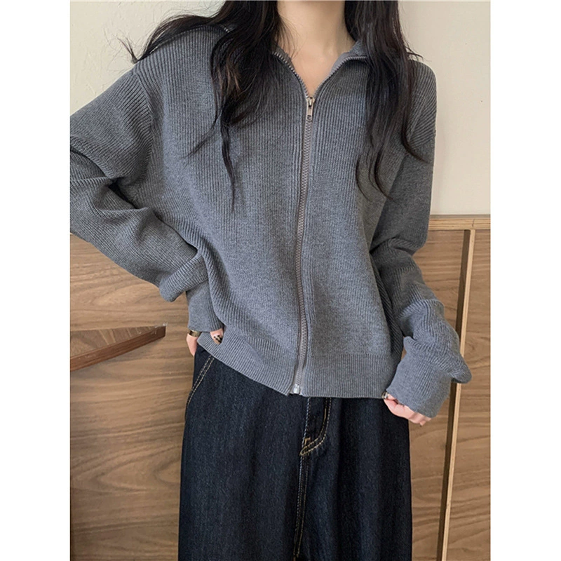 Cardigan sweater, women's zip-up knitted jacket, autumn 2023 trend, one size (fits all)