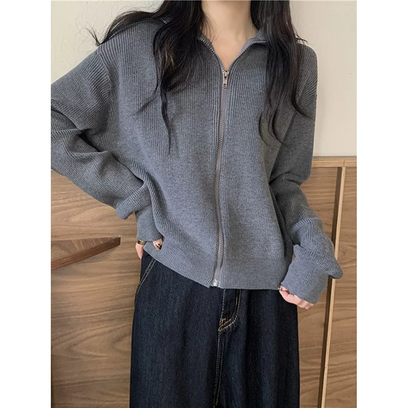 Cardigan sweater, women's zip-up knitted jacket, autumn 2023 trend, one size (fits all)