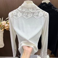 フランスの高襟レースのフックの花の底のシャツの女性の春と秋冬の透かし彫りの中でネットの紗を掛けて半高襟の上着をつなぎ合わせて外に着ます。