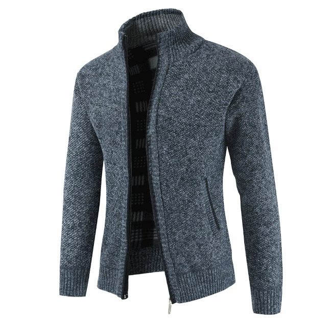 Men’s winter zip sweater coat, knit outer with lined interior, stand collar, M–XXXL