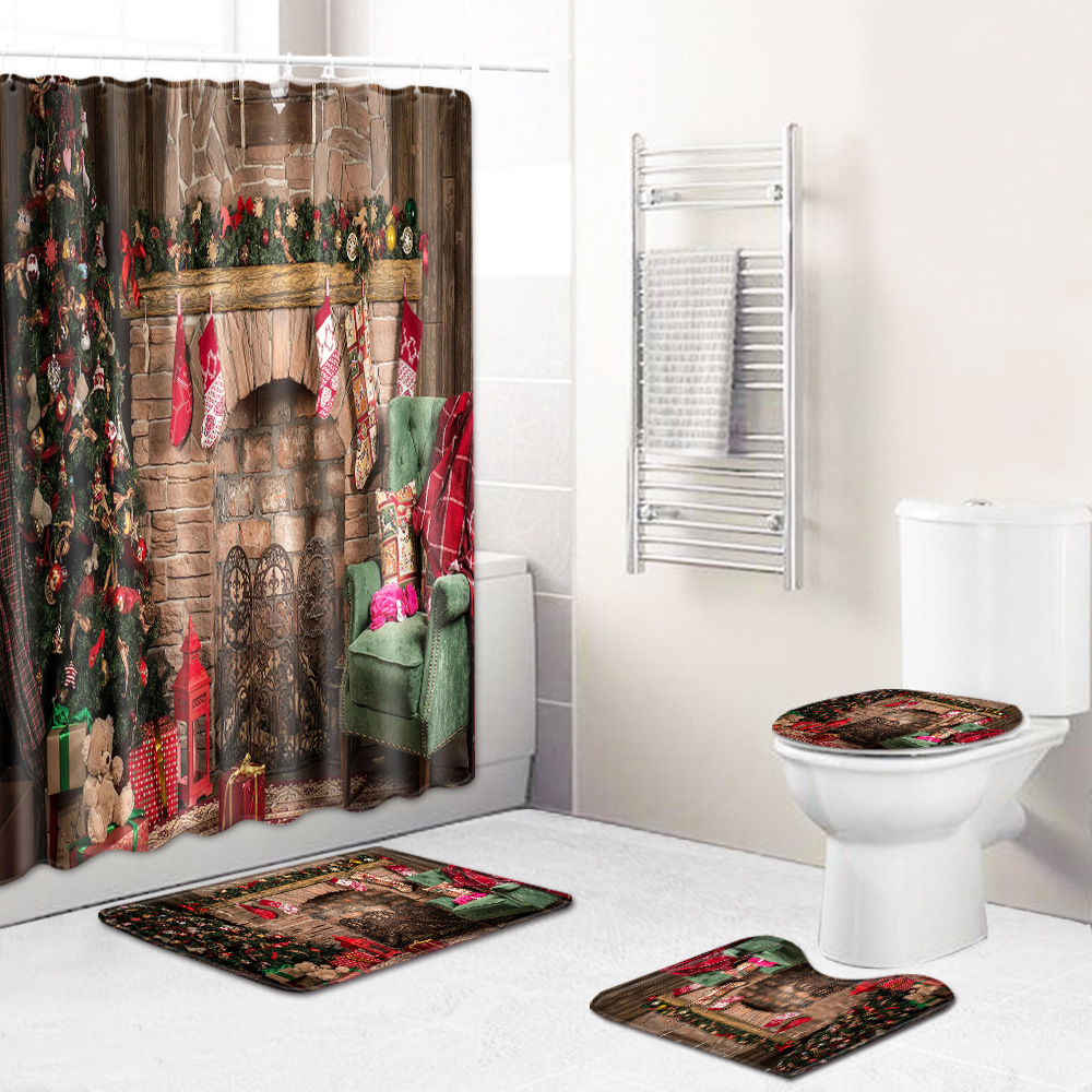 跨境新款圣诞节浴帘雪人地垫卫生间防滑垫四件套三件套货源代发