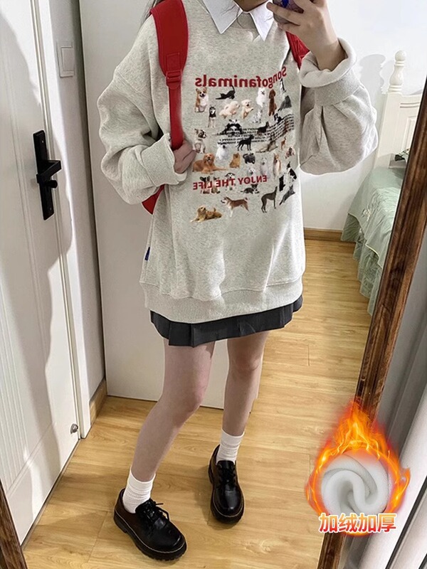 山东即墨卫衣美式正肩女早秋穿搭圆领女款小个子长袖复古薄款上衣|undefined