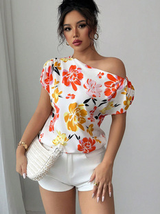 Cross-Border Foreign Trade European and American Slanted Shoulder Shirt Summer New Amazon Resort Style Short-Sleeved Shirt Women's Pullover