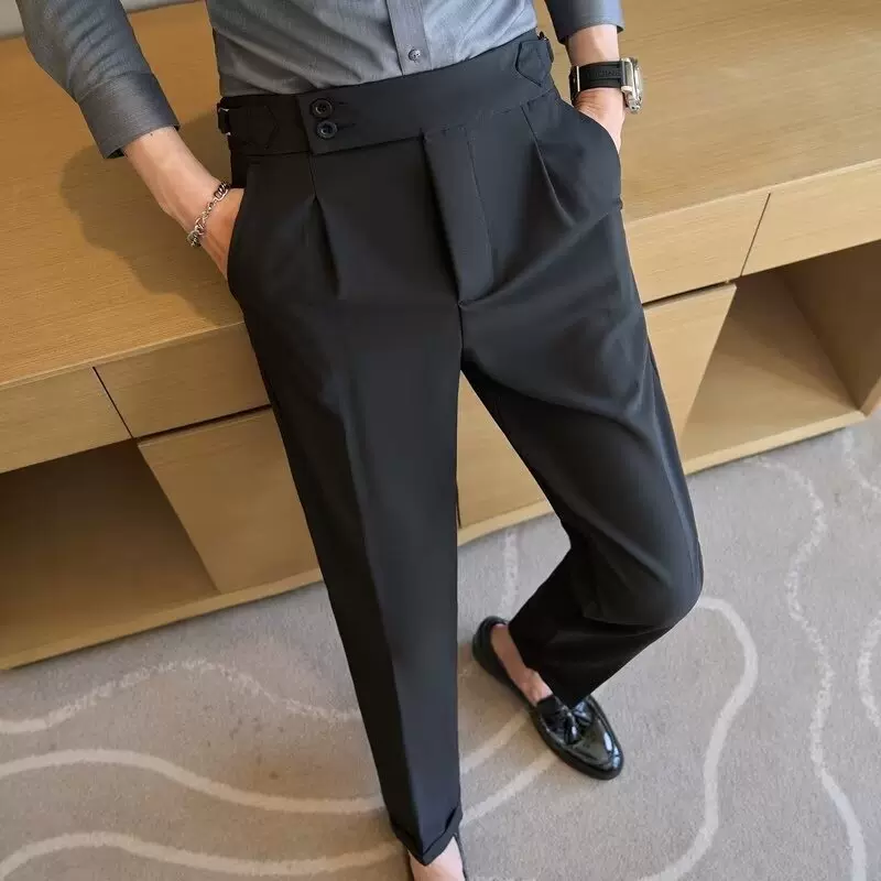 那不勒斯高腰西裤男士垂感修身商务潮流直筒休闲长裤黑色西装裤子