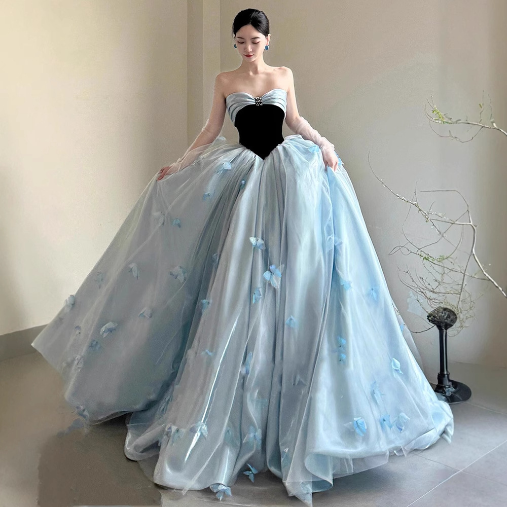 Strapless Blue Evening Dress for Women, Niche High-End High School Student Super Fairy Adult Ceremony Birthday Party Princess Dress