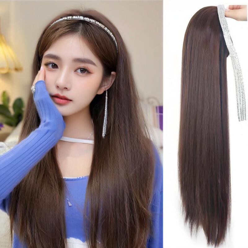 Rhinestone Headband Wig for Women with Black Long Straight Hair U-Shaped Half Headgear Removable Internet Celebrity Chemical Fiber High Temperature Wire Factory Direct Sale