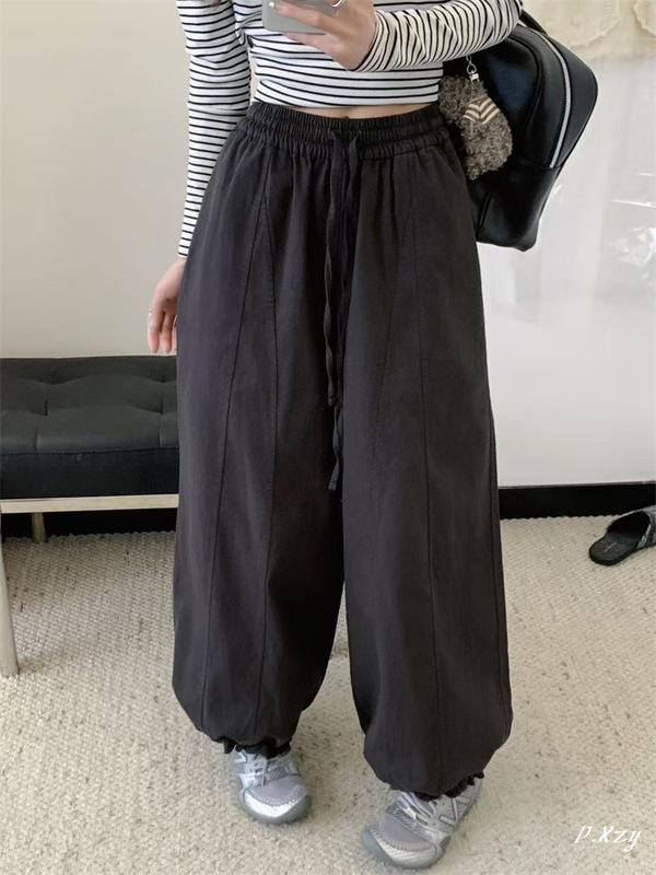 020女士2025秋季新款卫裤 高级感松紧腰垂感阔腿长裤女运动休闲裤|undefined