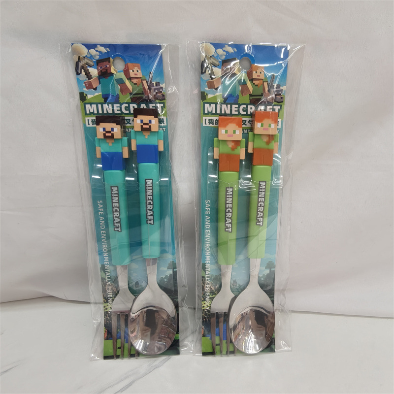 Foreign Trade Minecraft Tableware Fork and Spoon Set Portable Fork and Spoon 2-Piece Set Block World Children's Tableware Wholesale Foreign Trade Minecraft Tableware Fork and Spoon Set Portable Fork and Spoon 2-Piece Set Block World Children's Tableware Wholesale