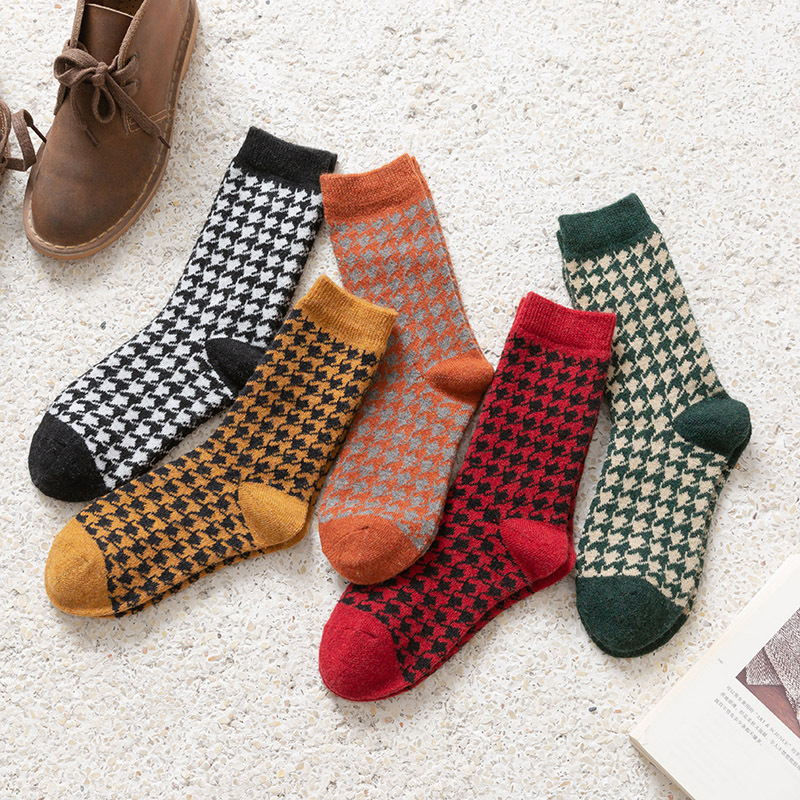 Winter socks wholesale warm women socks Japanese vintage houndstooth ladies wool blend socks cotton socks