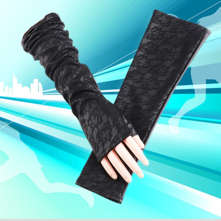 Nueva moda extendida guantes de encaje largo 40cm medio dedo etiqueta baile bola discoteca rendimiento guantes de cuero