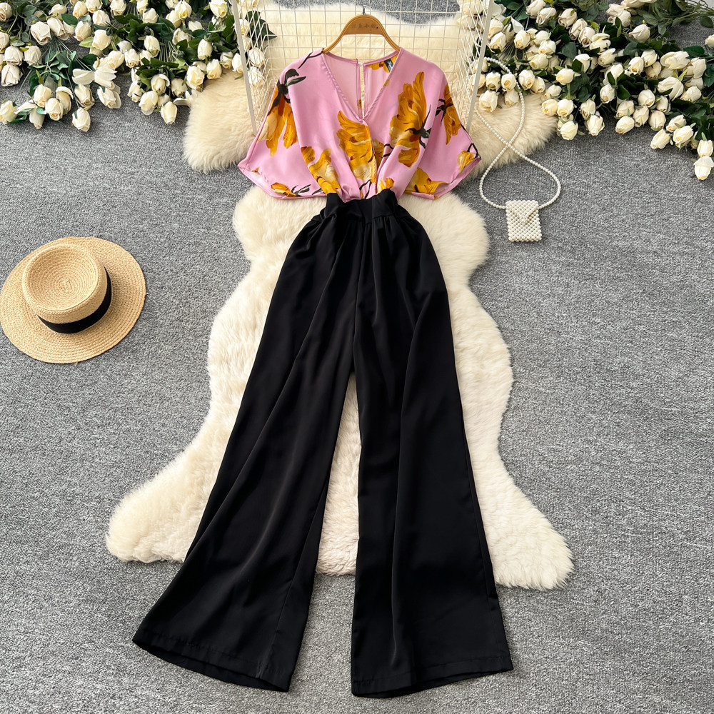 Korean Style Women's V Neck Jumpsuit High Waisted Wide Leg Pants Slimming Print Workwear Summer Elegant Long Romper_ecoleips.com