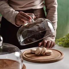 Rotating Wooden Bread Pastry Cake Tray with Lid Cake Pastry Serving Plate Transparent Glass Dome Dessert Display Tray
