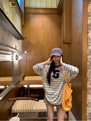 原版色织条 条纹球衣T恤显瘦休闲宽松时尚长袖上衣女白色灰色磨毛