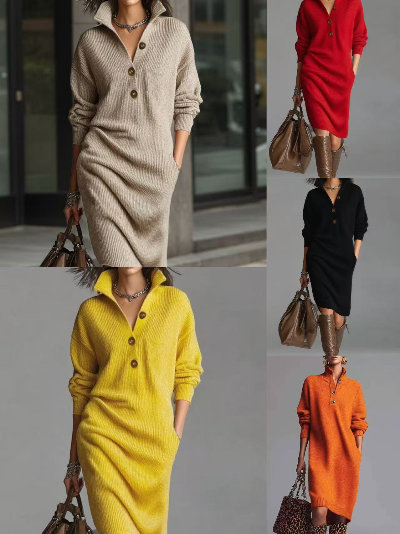 Robe pull en maille boutonnée femme robe casual mi-longue automne_voghion.com