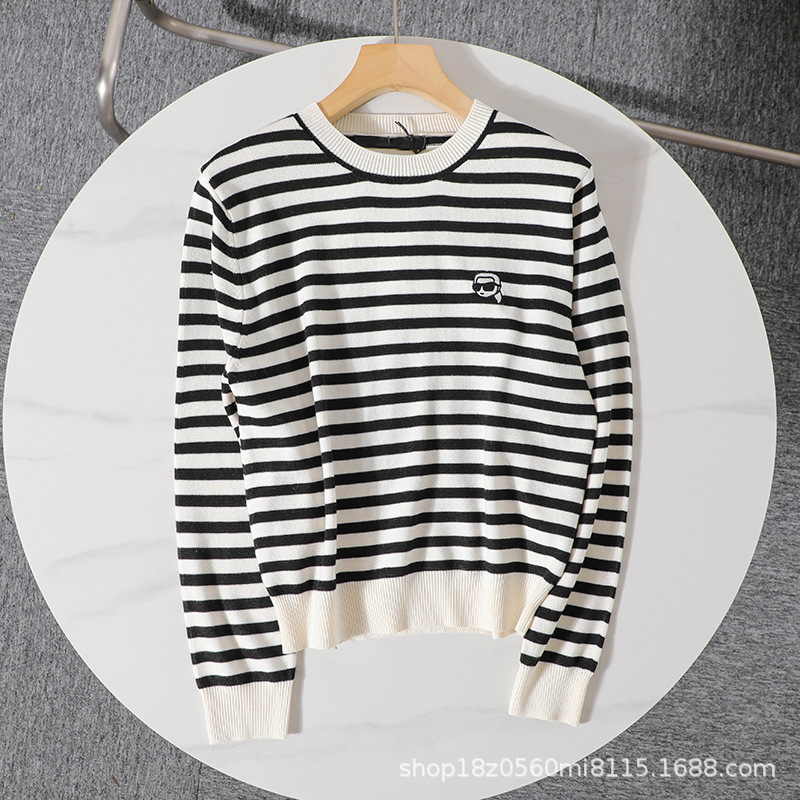 American K~~Women's Early Autumn Elegant Stripesd Cartoon Avatar Embroidered Round Neck Long-Sleeved Knitted Sweater 2032