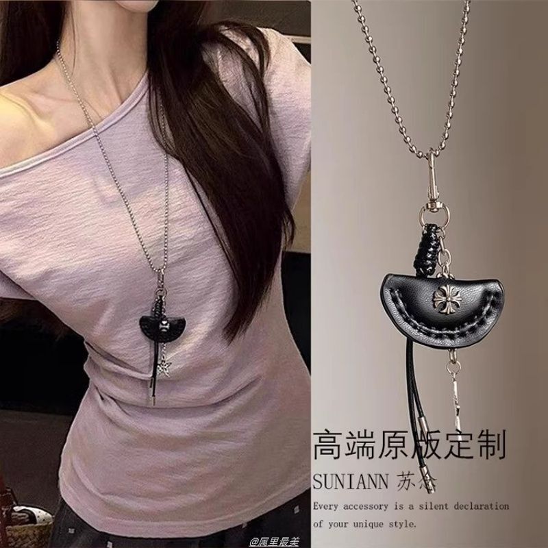黑色皮质十字架饺子包项链女甜酷高级感星星流苏长款毛衣链配饰潮|undefined