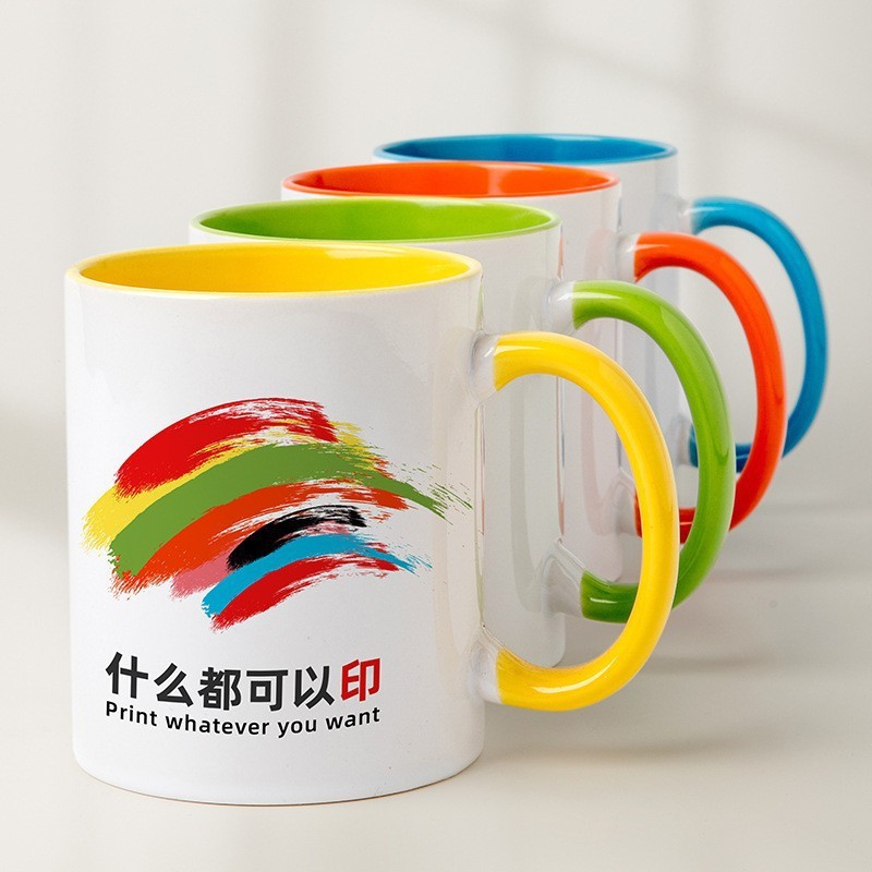 Tazas de agua de cerámica personalizadas logotipo de impresión publicitaria regalos de color tazas en blanco exportación de comercio exterior