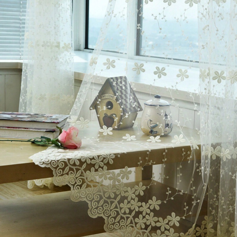 Scandinavian American Embroidered White Gauze with Gauze Partition Curtains Living Room Bedroom Finished Window Screen Door Curtain Lace Cross-Border Gauze Curtain