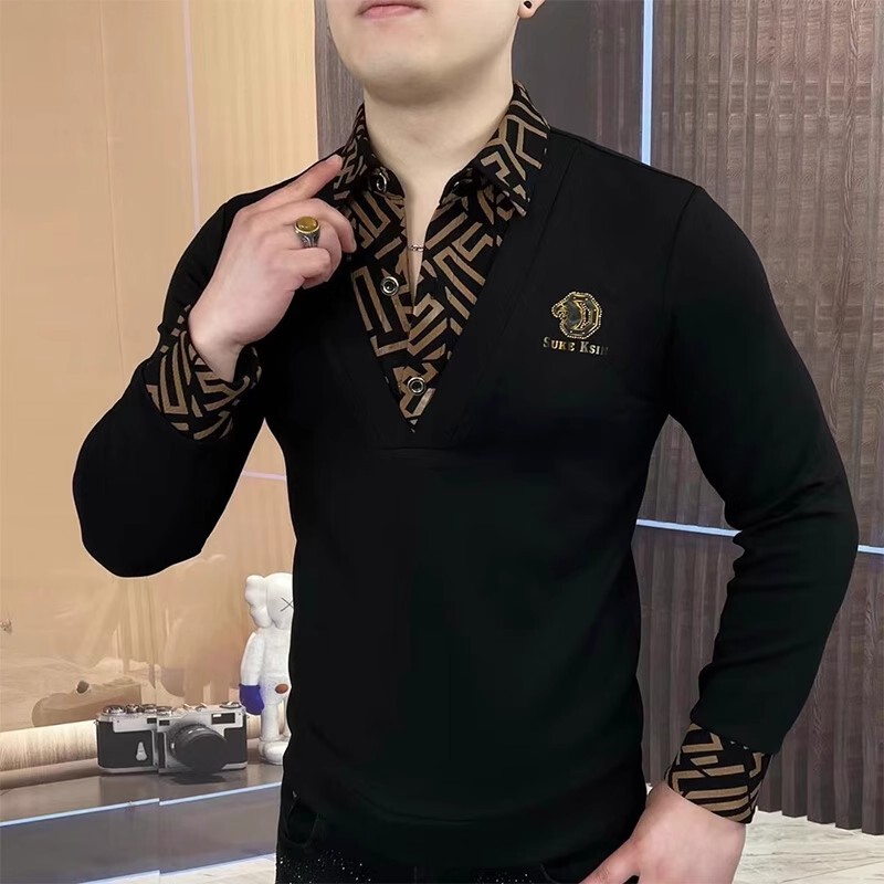 偽の2つのヨーロッパの商品の衛衣の男性の春秋のごろつきのハンサムなボタンの紋様の潮のブランドのtシャツは底を打って軽くて豪華な弾力の百合の上着を打ちます。|undefined