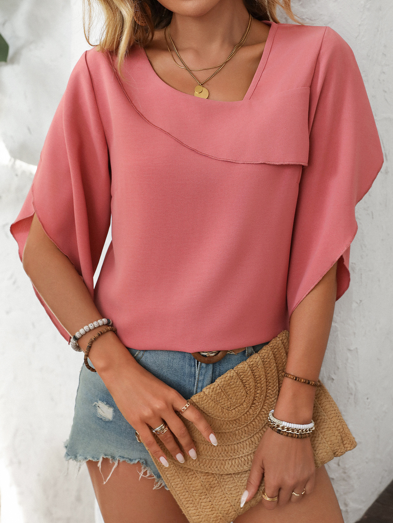2026 Summer New Cross-Border European And American Women's Fashion Casual Asymmetrical V-Neck Chiffon Puff Sleeve_ecoleips.com