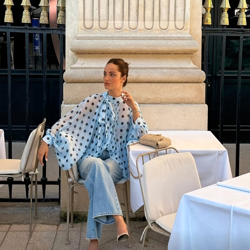 2025 New Style French Polka Dot Tie Shirt for Women, Loose Long-Sleeve Sheer Lantern Sleeve Elegant Commuter Top