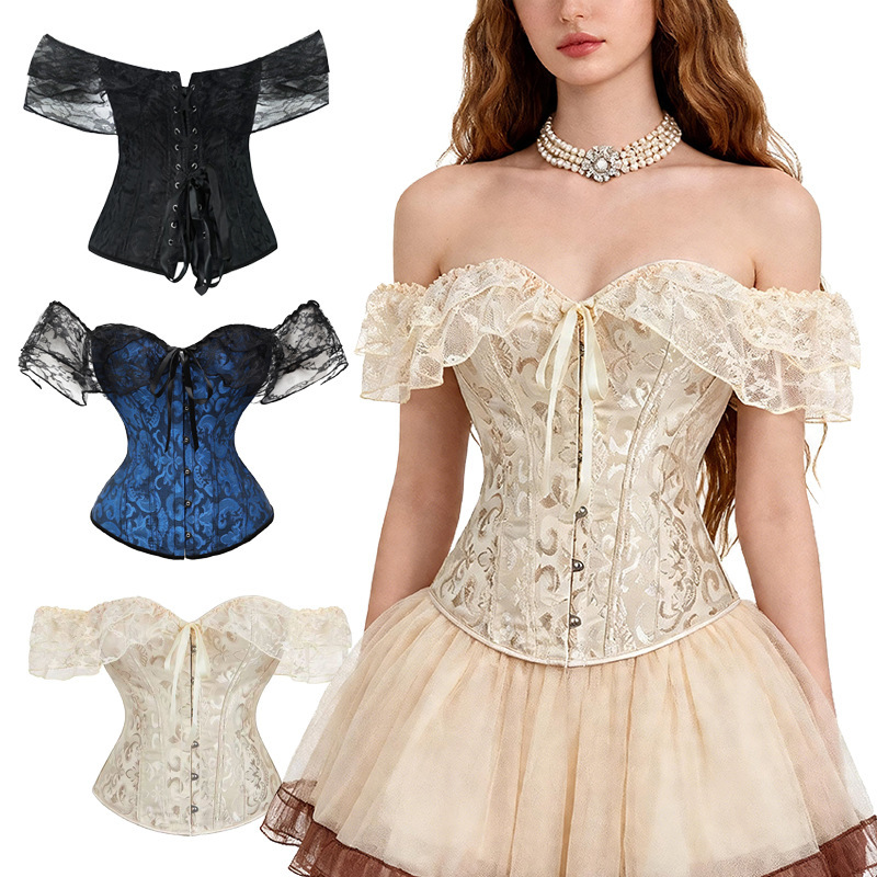 Fishbone corset with lace trim, court-style, conceals side breasts, slims the belly, cinches the waist, provides support and shaping, can be worn as an outer garment Fishbone corset with lace trim, court-style, conceals side breasts, slims the belly, cinches the waist, provides support and shaping, can be worn as an outer garment