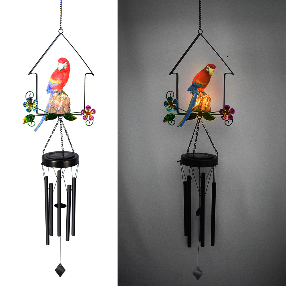 跨境新款太阳能庭院草坪灯创意铁艺房子风铃灯鹦鹉猫头鹰松鼠装饰