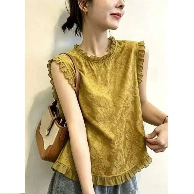 Áo sơ mi không tay viền mộc nhĩ Hàn Quốc phong cách trẻ trung — màu đen chi tiết 1