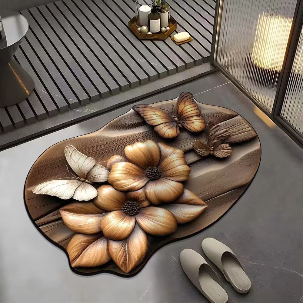Visual 3D Flower Butterfly Diatom Mud Floor Mat Home Bathroom Non-Slip Absorbent Foot Mat Entrance Easy Care Foot Mat