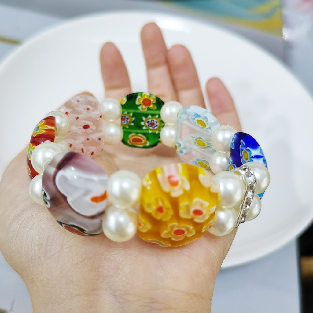 50g Weight Stretch Adjustable Clasp Closure Type Bracelets Classification glass Chain Material 1 Piece Quantity Daily Occasion glass Material Round, Flower Pattern All Seasons Season Women's Gender Handmade Design Pastoral Style Pastoral Round Flower Glass Stretch Adjustable Beaded Bracelets Wholesale 21